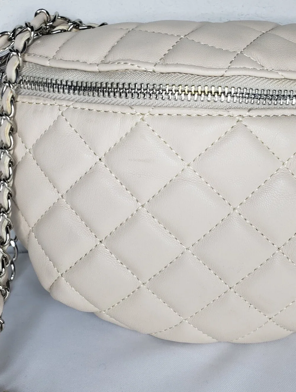 Steve Madden Quilted Cream Crossbody Belt Bag with Silver Chain
